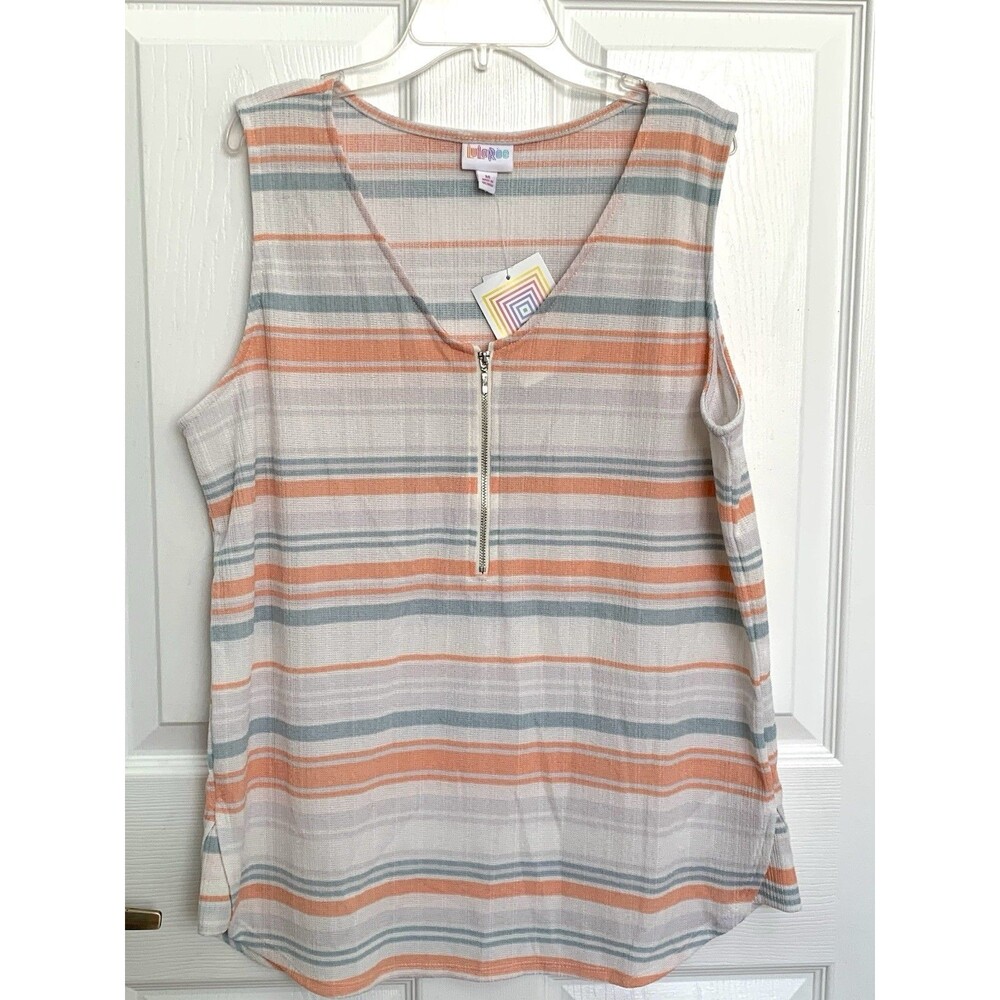 NWT Lularoe Rachael Sleeveless 1/2 Zip White Blue Coral Striped Top Blouse M - Picture 3 of 8